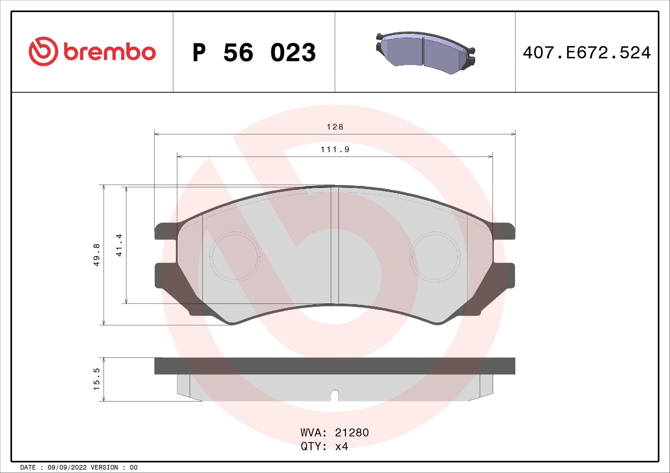 Kit de plaquettes de frein, frein à disque BREMBO P 56 023