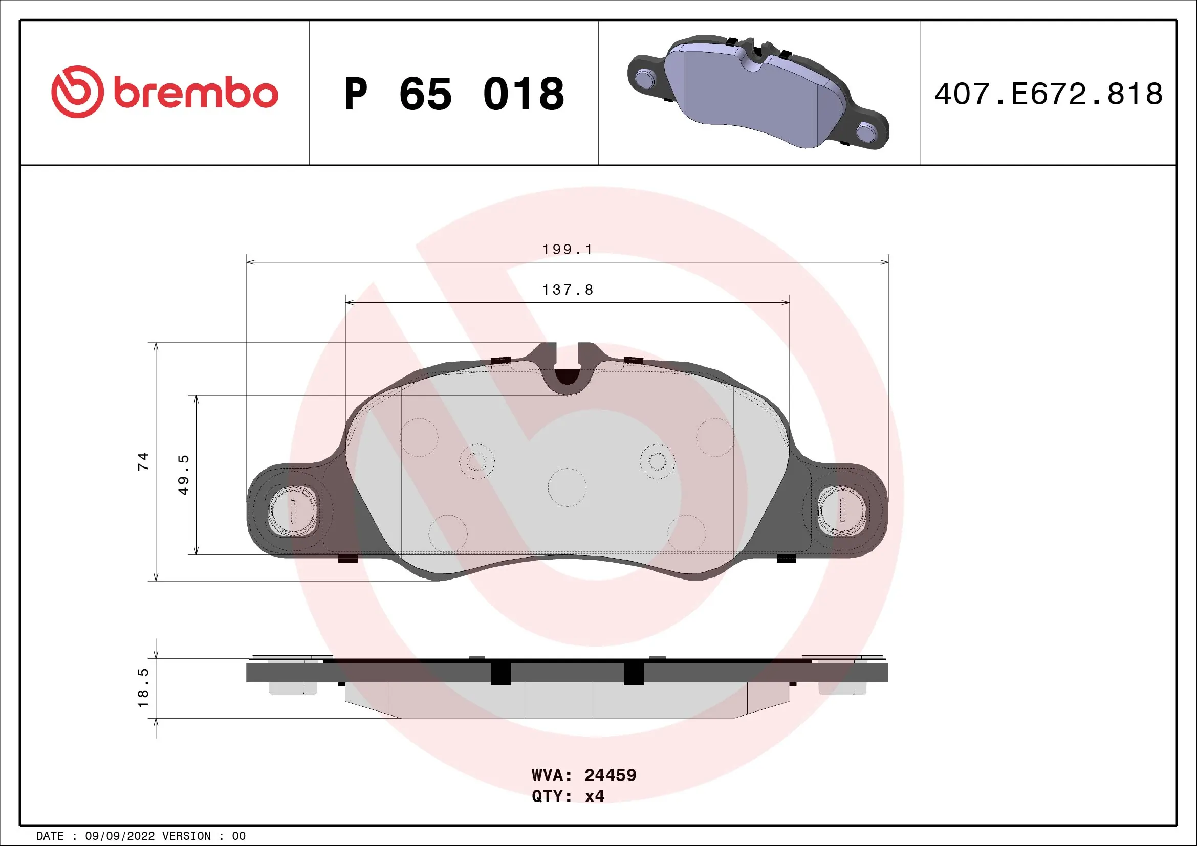 Kit de plaquettes de frein, frein à disque BREMBO P 65 018