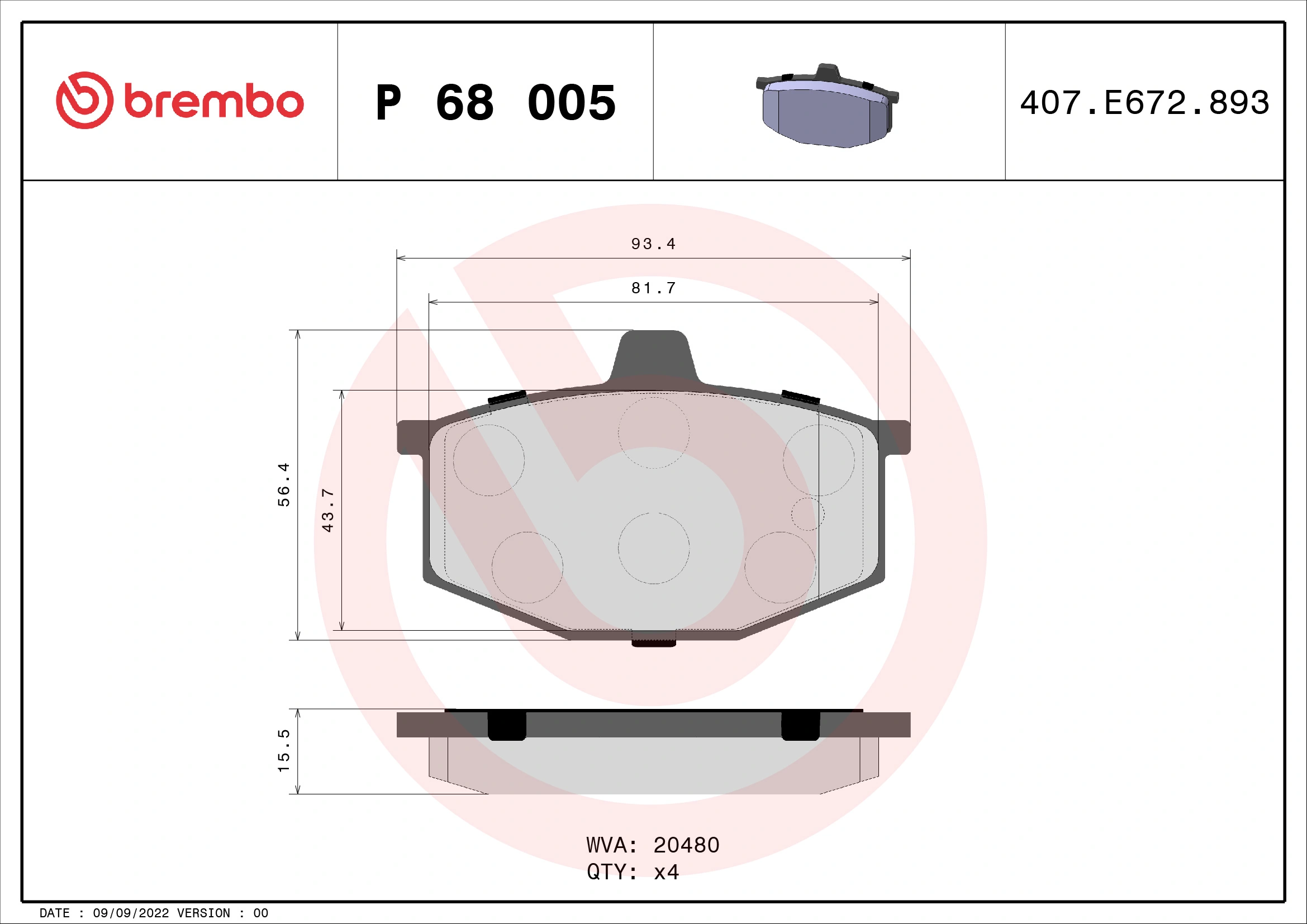 Kit de plaquettes de frein, frein à disque BREMBO P 68 005