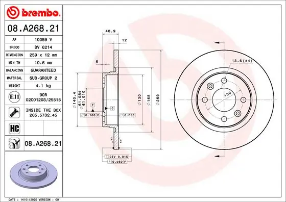 Disque de frein BREMBO 08.A268.21