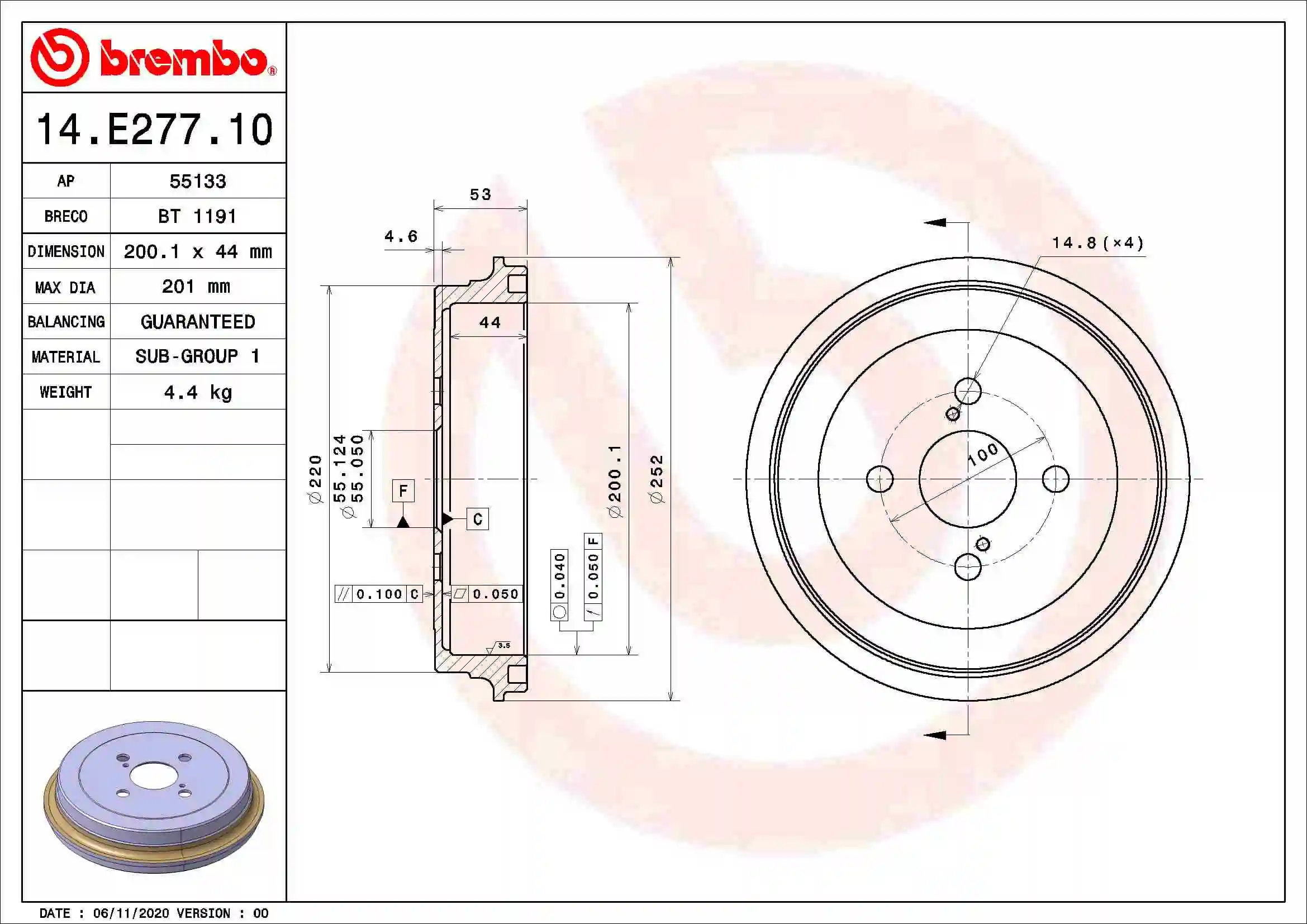 Tambour de frein BREMBO 14.E277.10