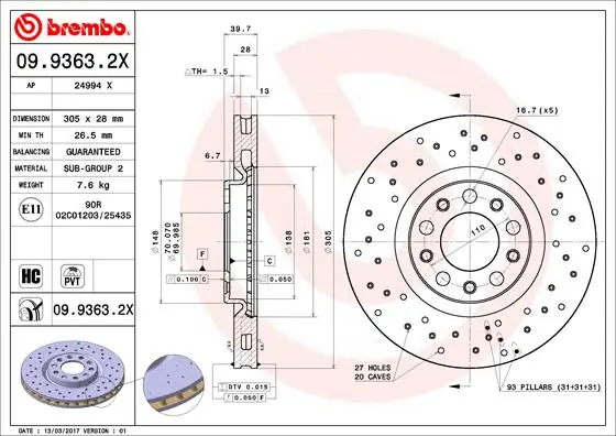 Disque de frein BREMBO 09.9363.2X