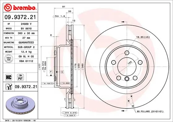 Disque de frein BREMBO 09.9372.21