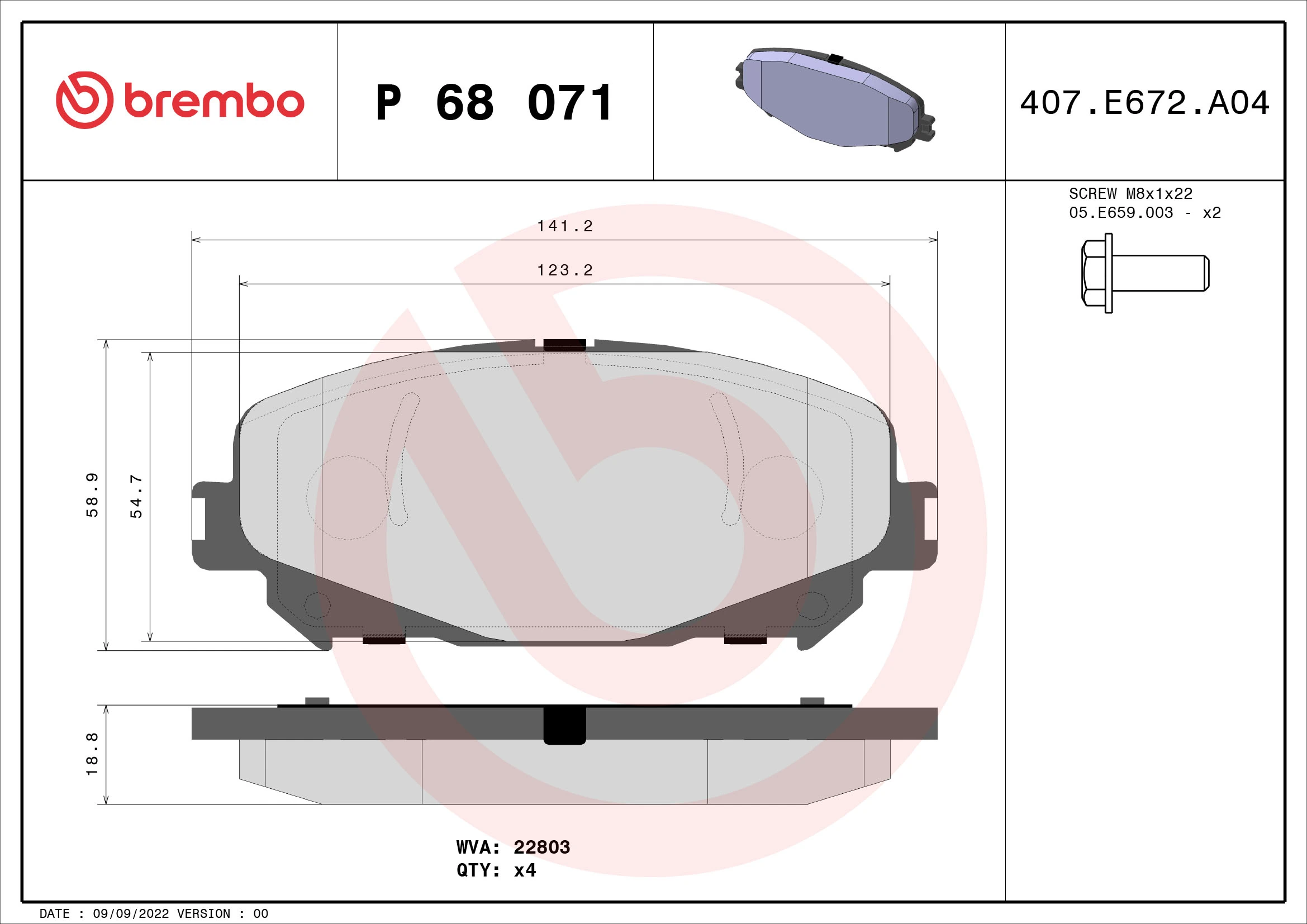 Kit de plaquettes de frein, frein à disque BREMBO P 68 071X