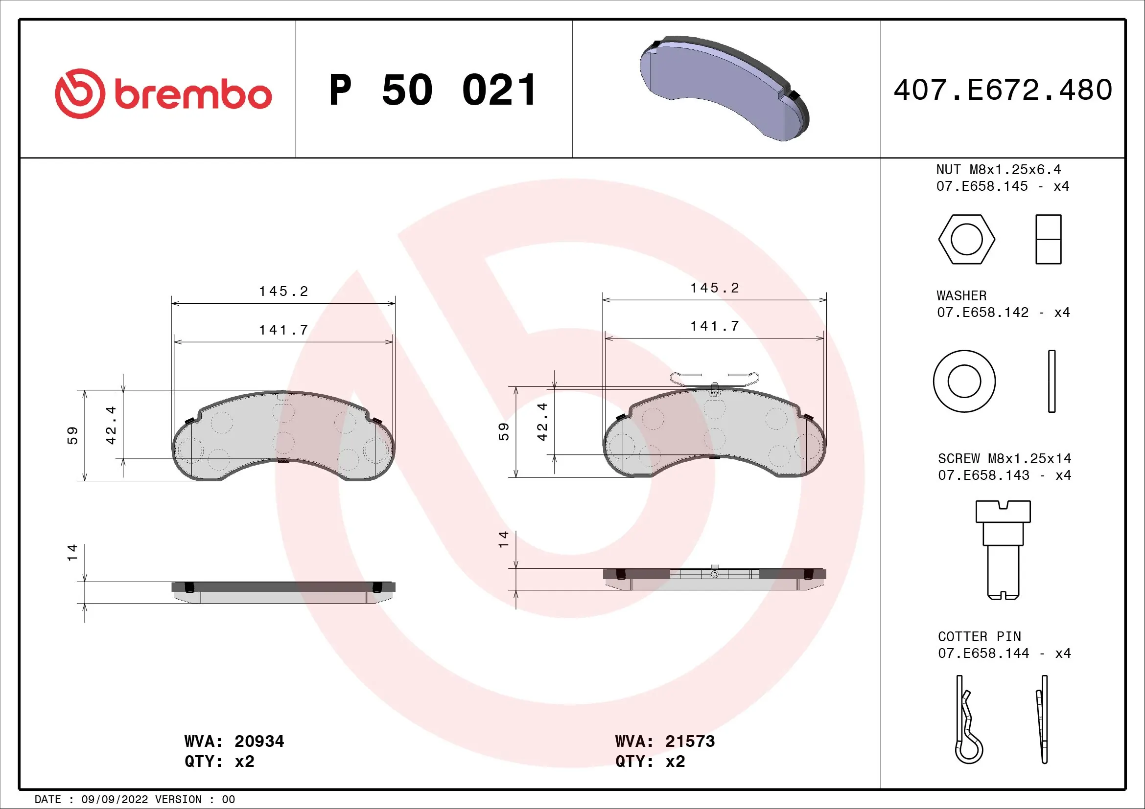 Kit de plaquettes de frein, frein à disque BREMBO P 50 021