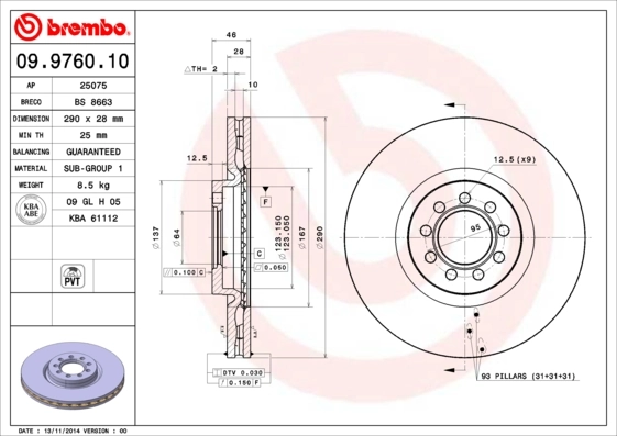 Disque de frein BREMBO 09.9760.10