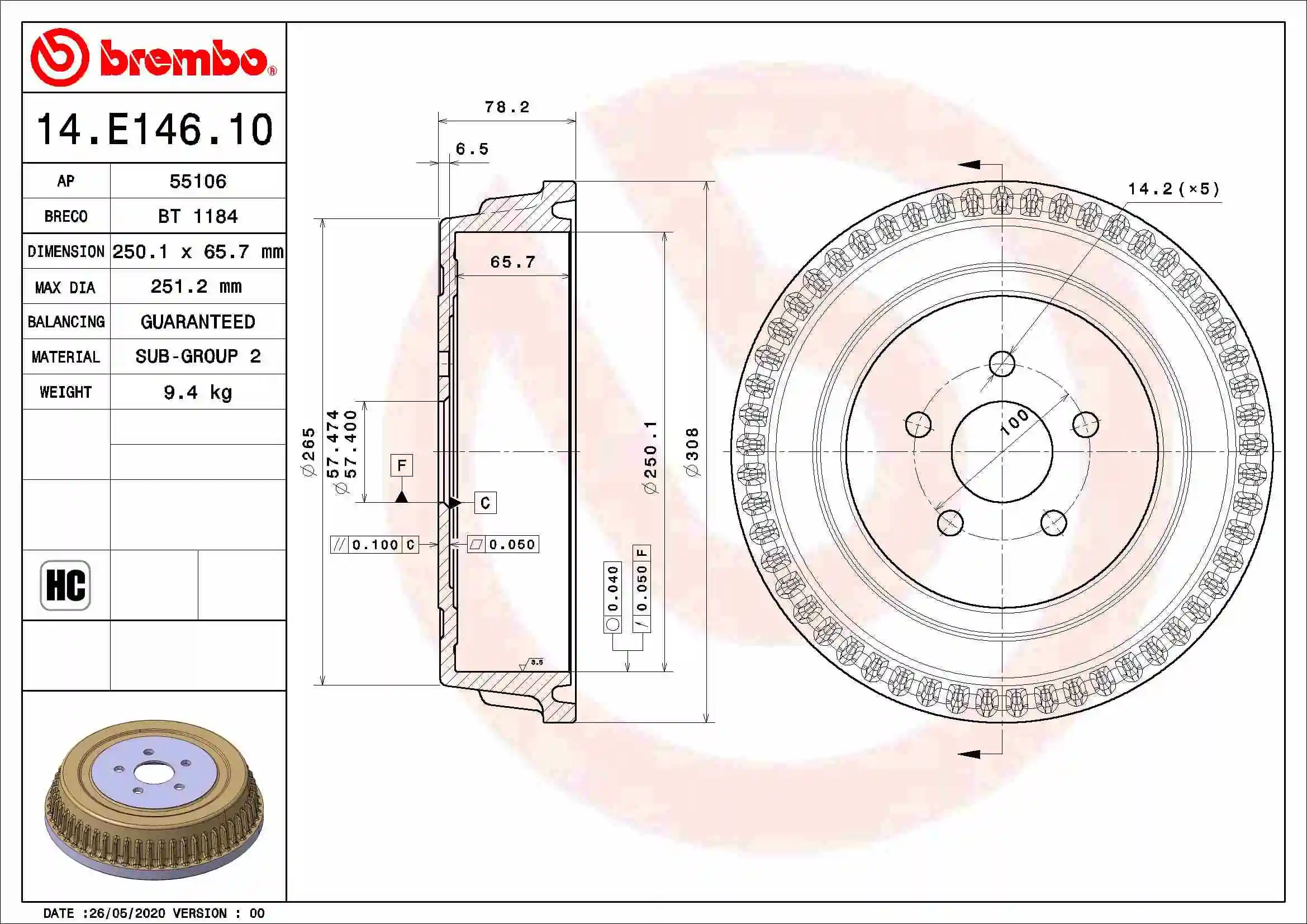 Tambour de frein BREMBO 14.E146.10