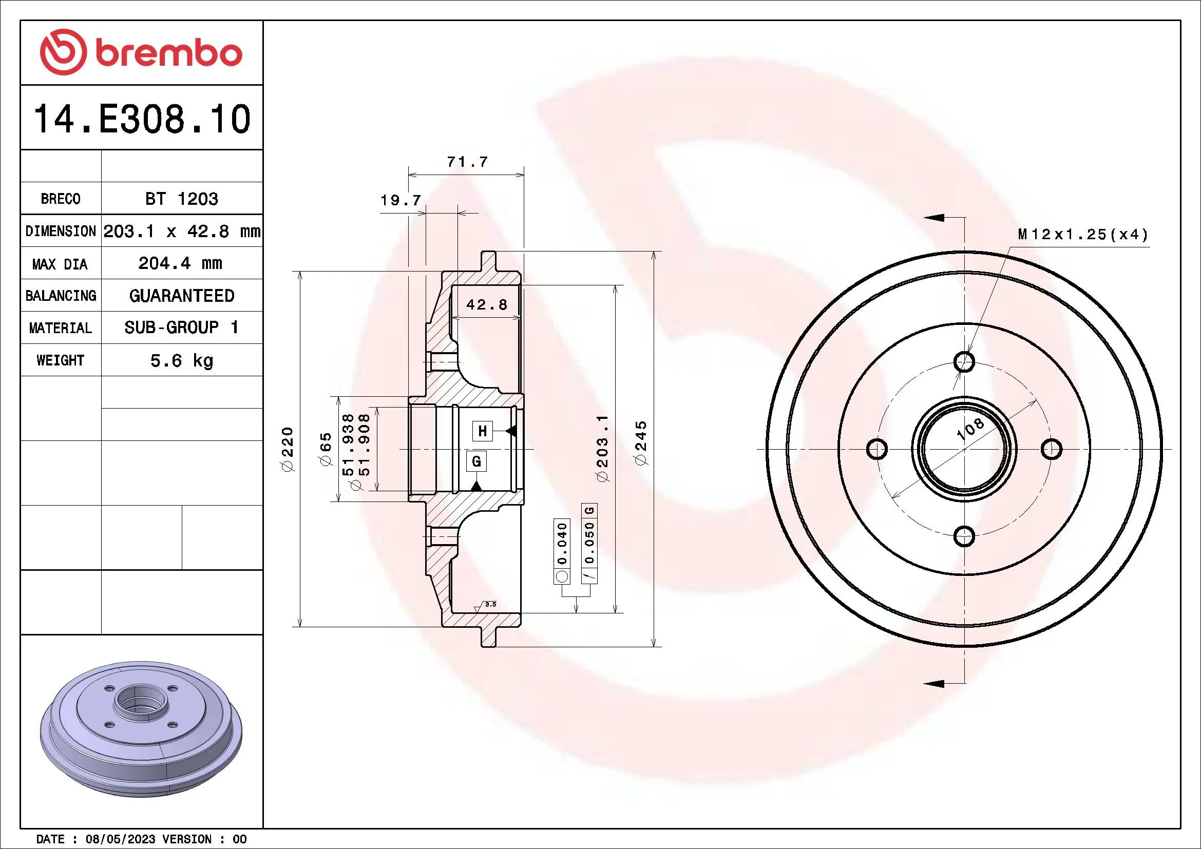 Tambour de frein BREMBO 14.E308.10