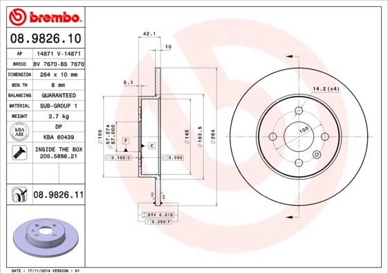 Disque de frein BREMBO 08.9826.11