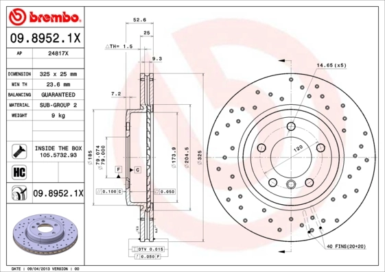 Disque de frein BREMBO 09.8952.1X