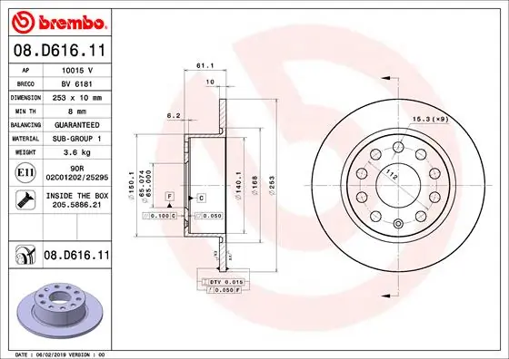 BREMBO 08.D616.11 — Диск гальмівний