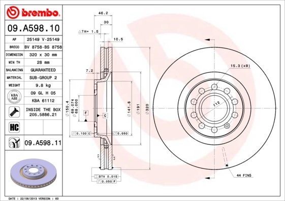 Disque de frein BREMBO 09.A598.11