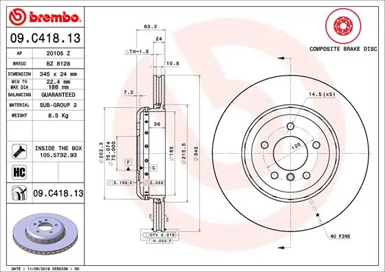 Disque de frein BREMBO 09.C418.13