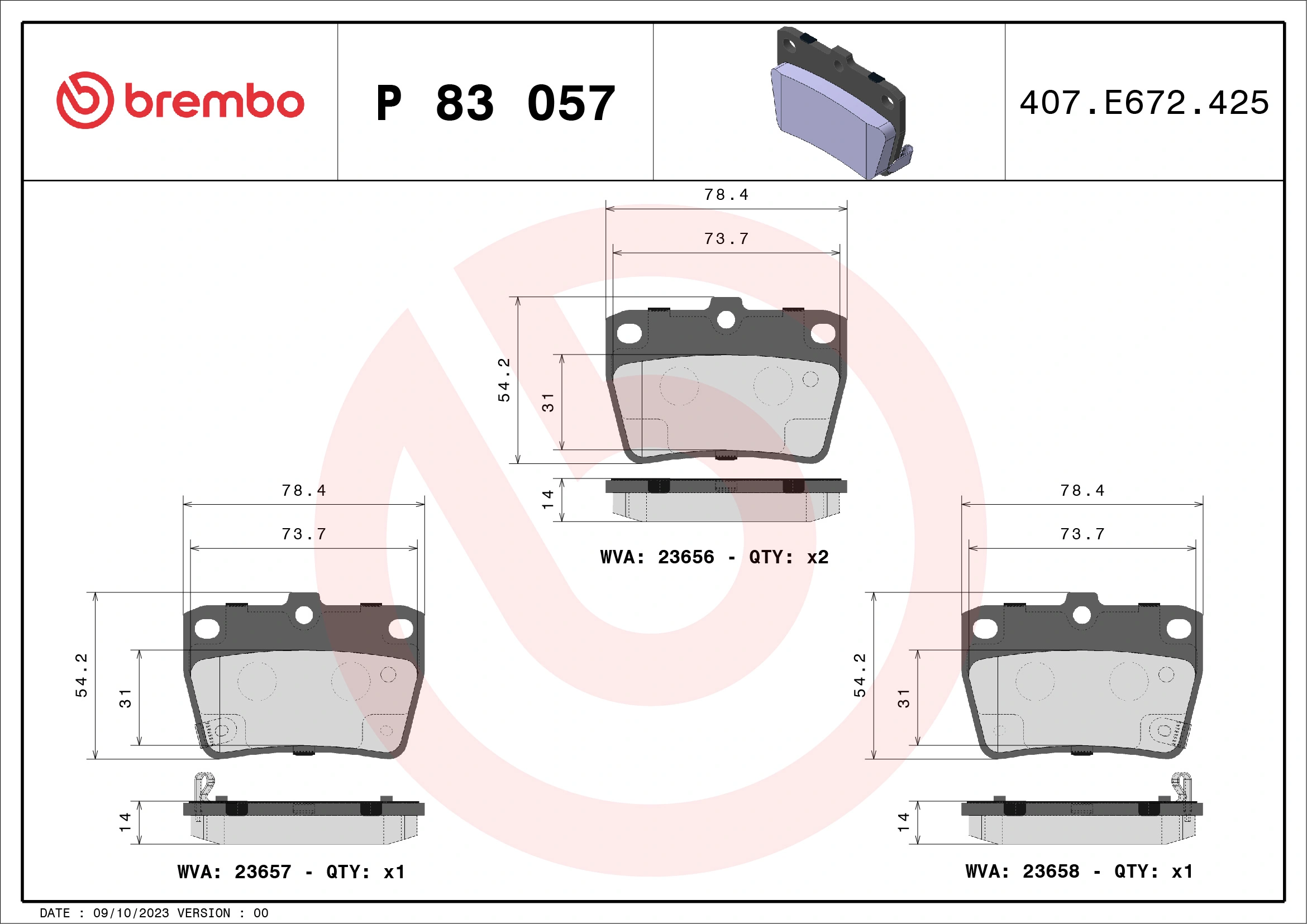 Kit de plaquettes de frein, frein à disque BREMBO P 83 057