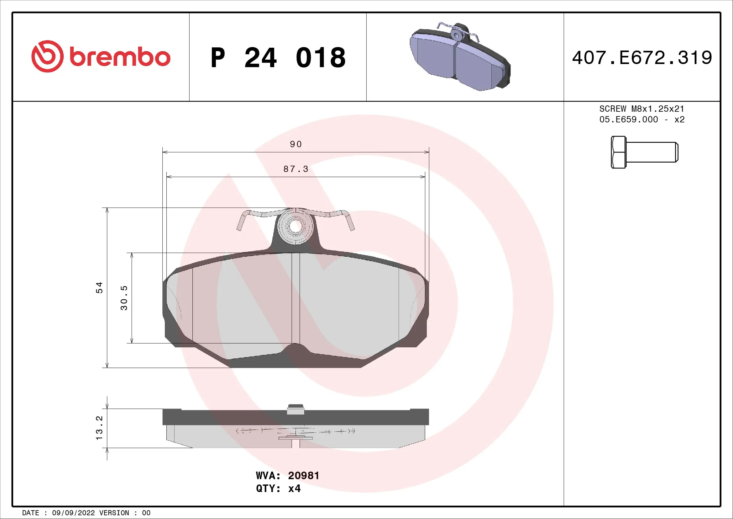 Kit de plaquettes de frein, frein à disque BREMBO P 24 018