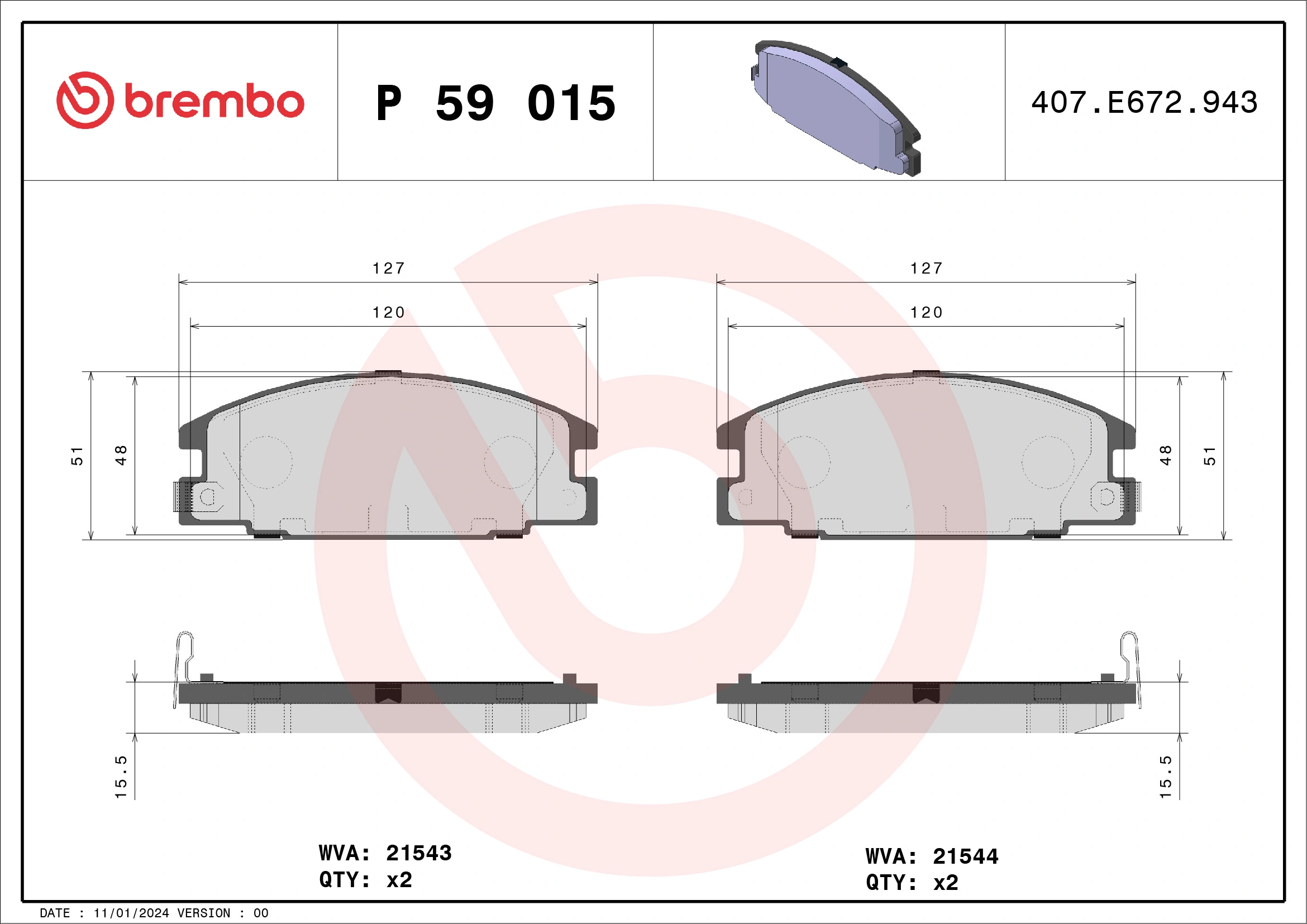 Kit de plaquettes de frein, frein à disque BREMBO P 59 015