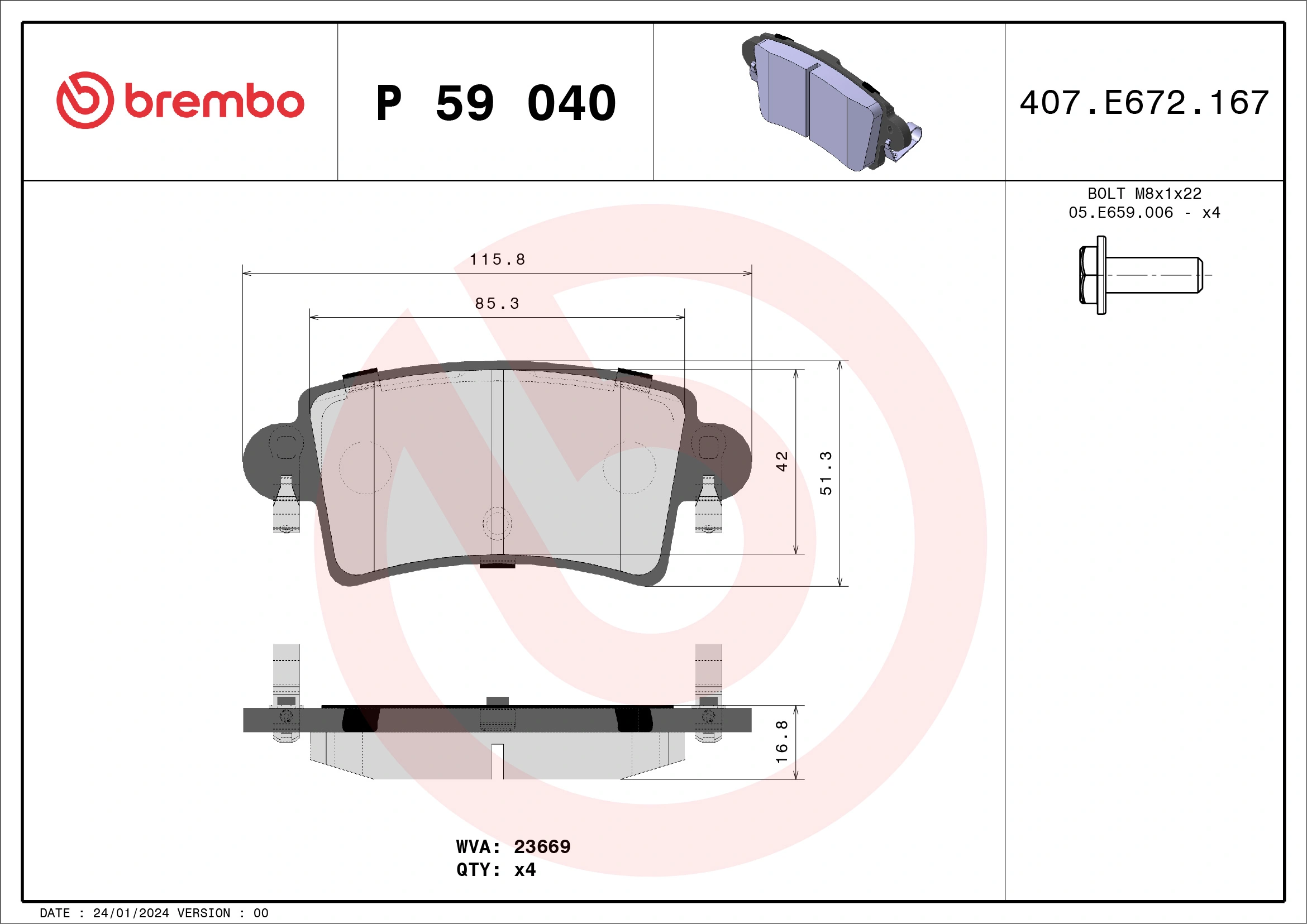 Kit de plaquettes de frein, frein à disque BREMBO P 59 040