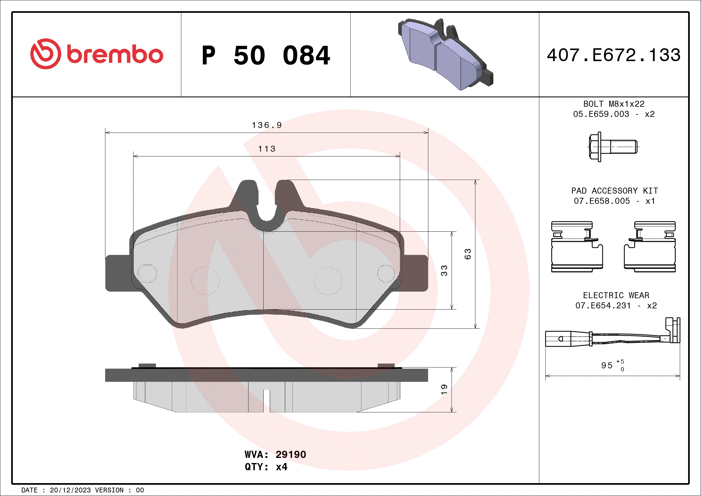 Kit de plaquettes de frein, frein à disque BREMBO P 50 084