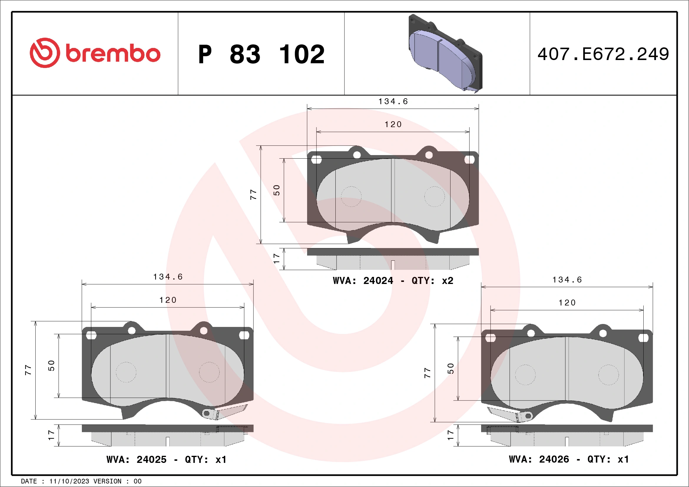 Kit de plaquettes de frein, frein à disque BREMBO P 83 102X
