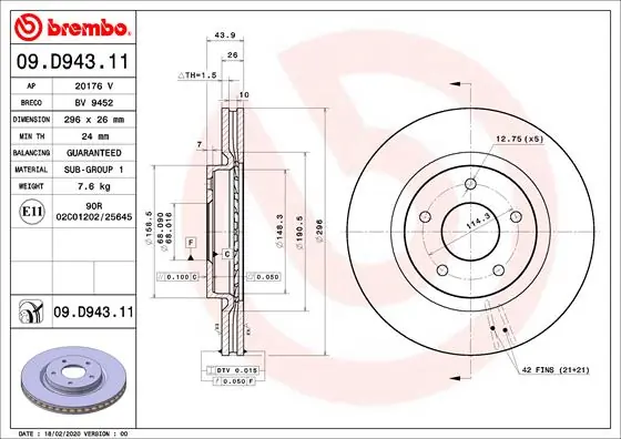 BREMBO 09.D943.11 — Диск гальмівний NISSAN QASHQAI, X-TRAIL передн. (вир-во BREMBO)