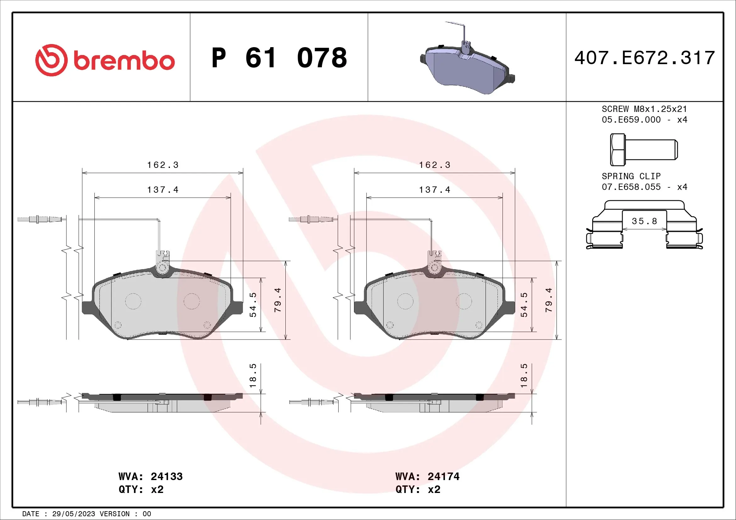 Kit de plaquettes de frein, frein à disque BREMBO P 61 078