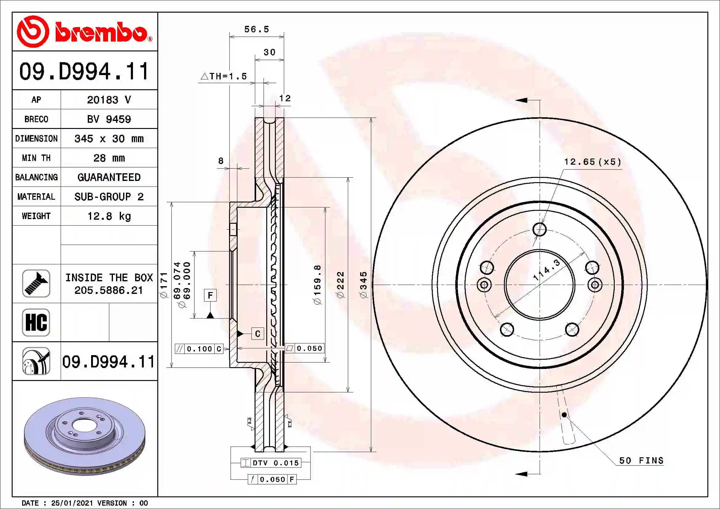 Disque de frein BREMBO 09.D994.11