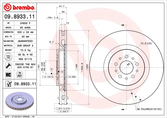 Disque de frein BREMBO 09.8933.11