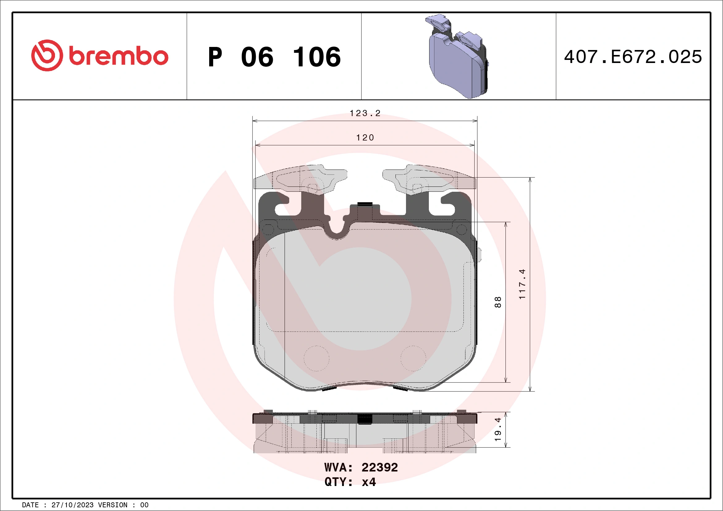 Kit de plaquettes de frein, frein à disque BREMBO P 06 106
