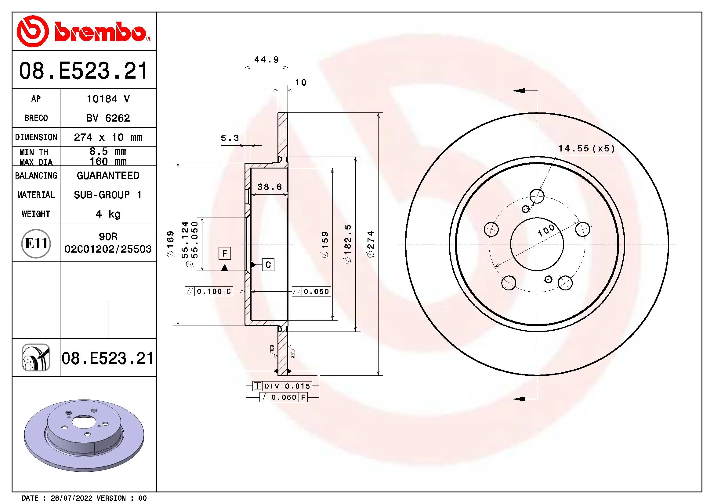 Disque de frein BREMBO 08.E523.21