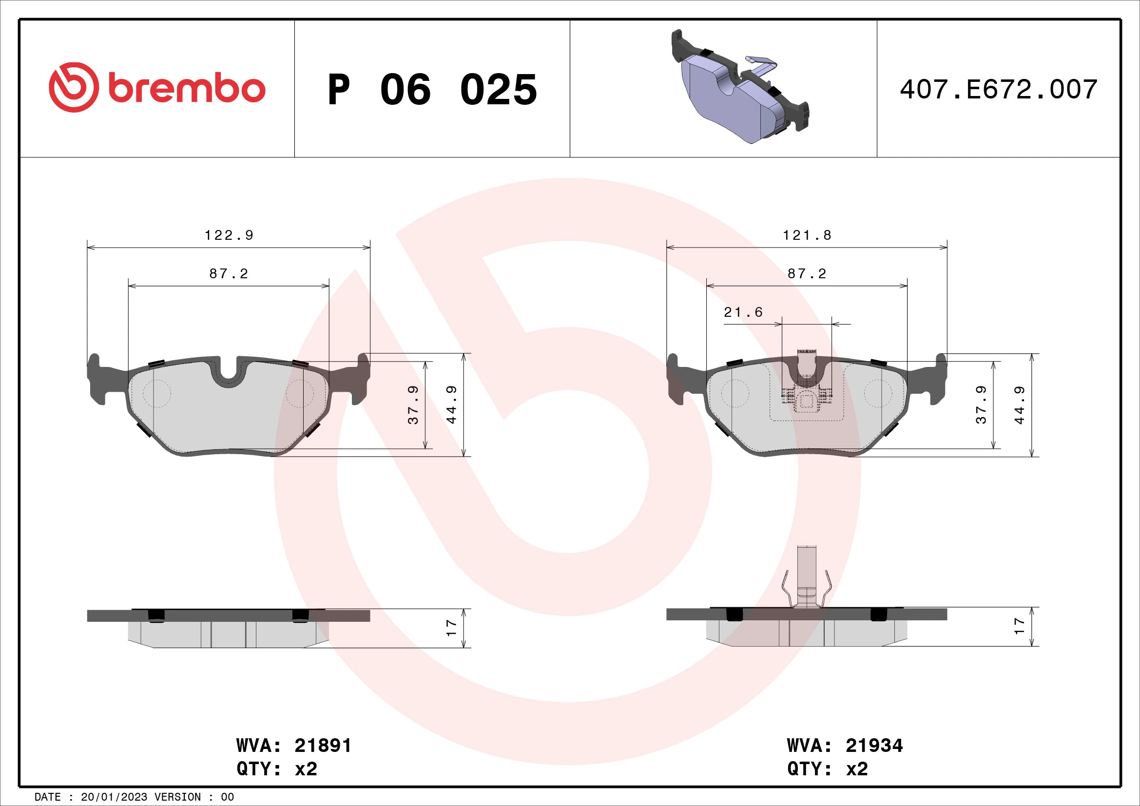 Kit de plaquettes de frein, frein à disque BREMBO P 06 025