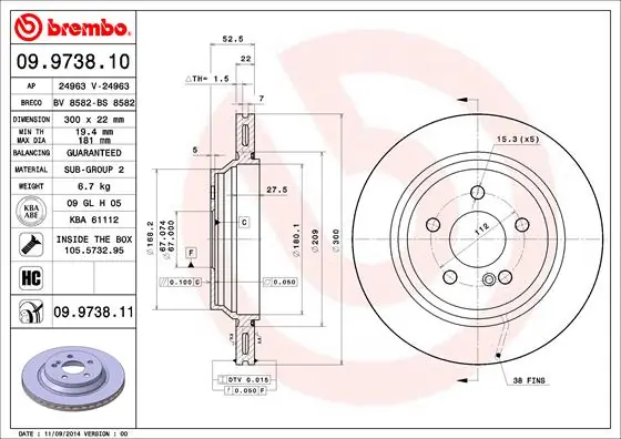 Disque de frein BREMBO 09.9738.11