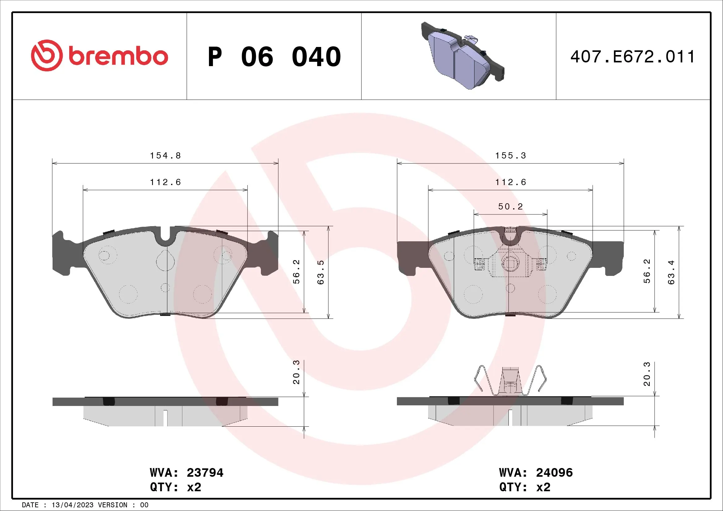 Kit de plaquettes de frein, frein à disque BREMBO P 06 040