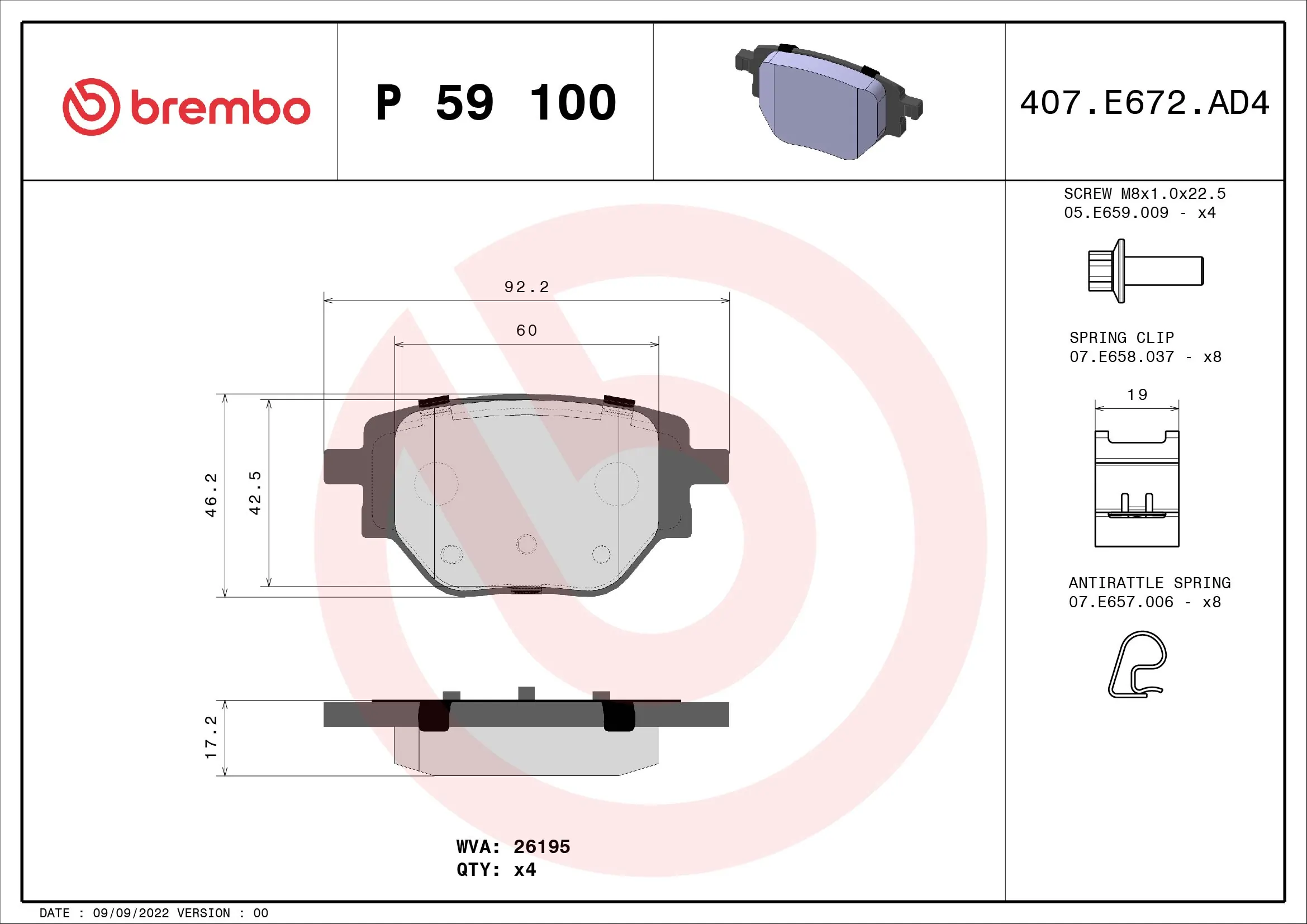 Kit de plaquettes de frein, frein à disque BREMBO P 59 100