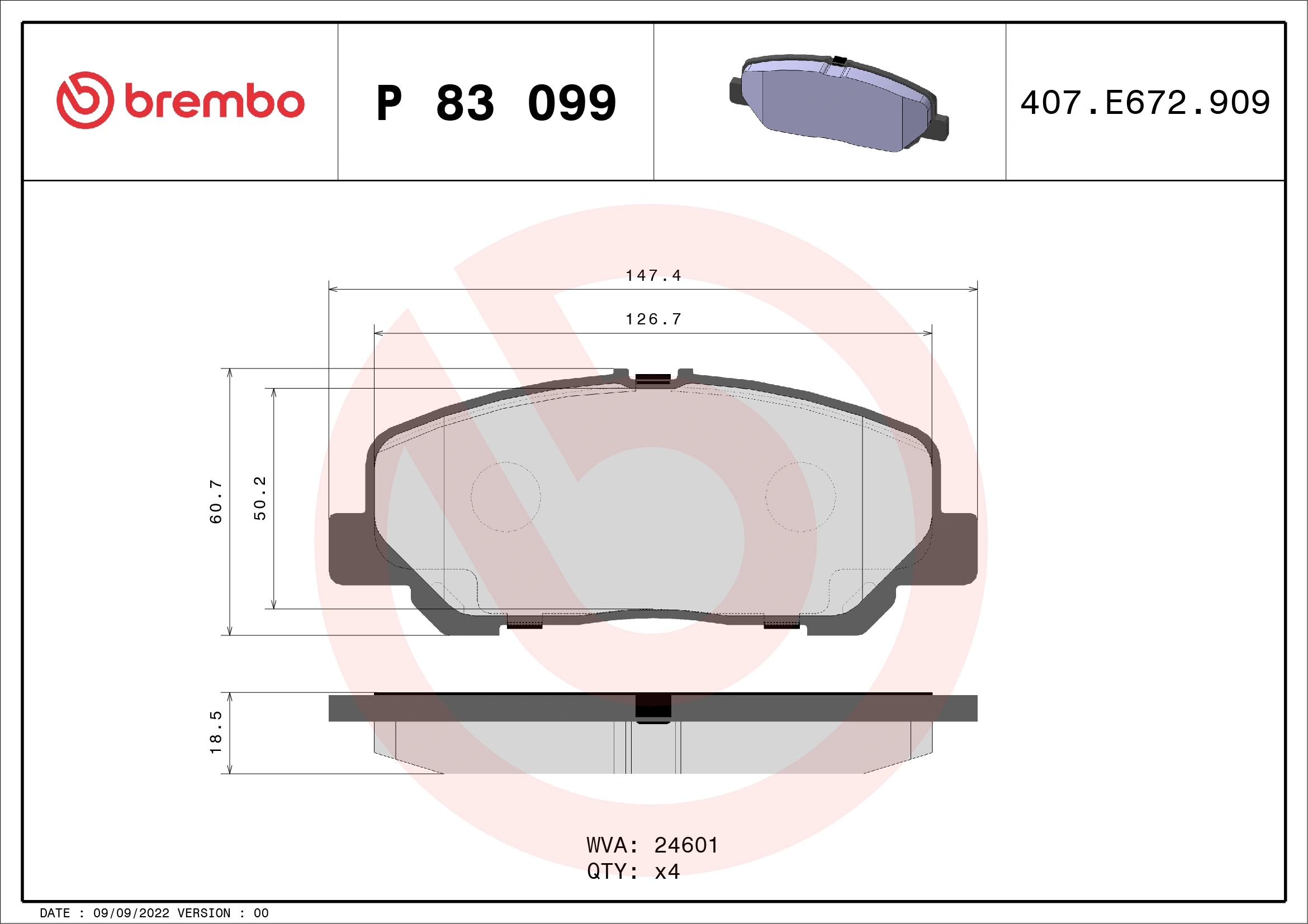 Kit de plaquettes de frein, frein à disque BREMBO P 83 099