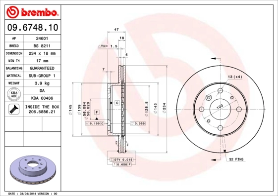 Disque de frein BREMBO 09.6748.10