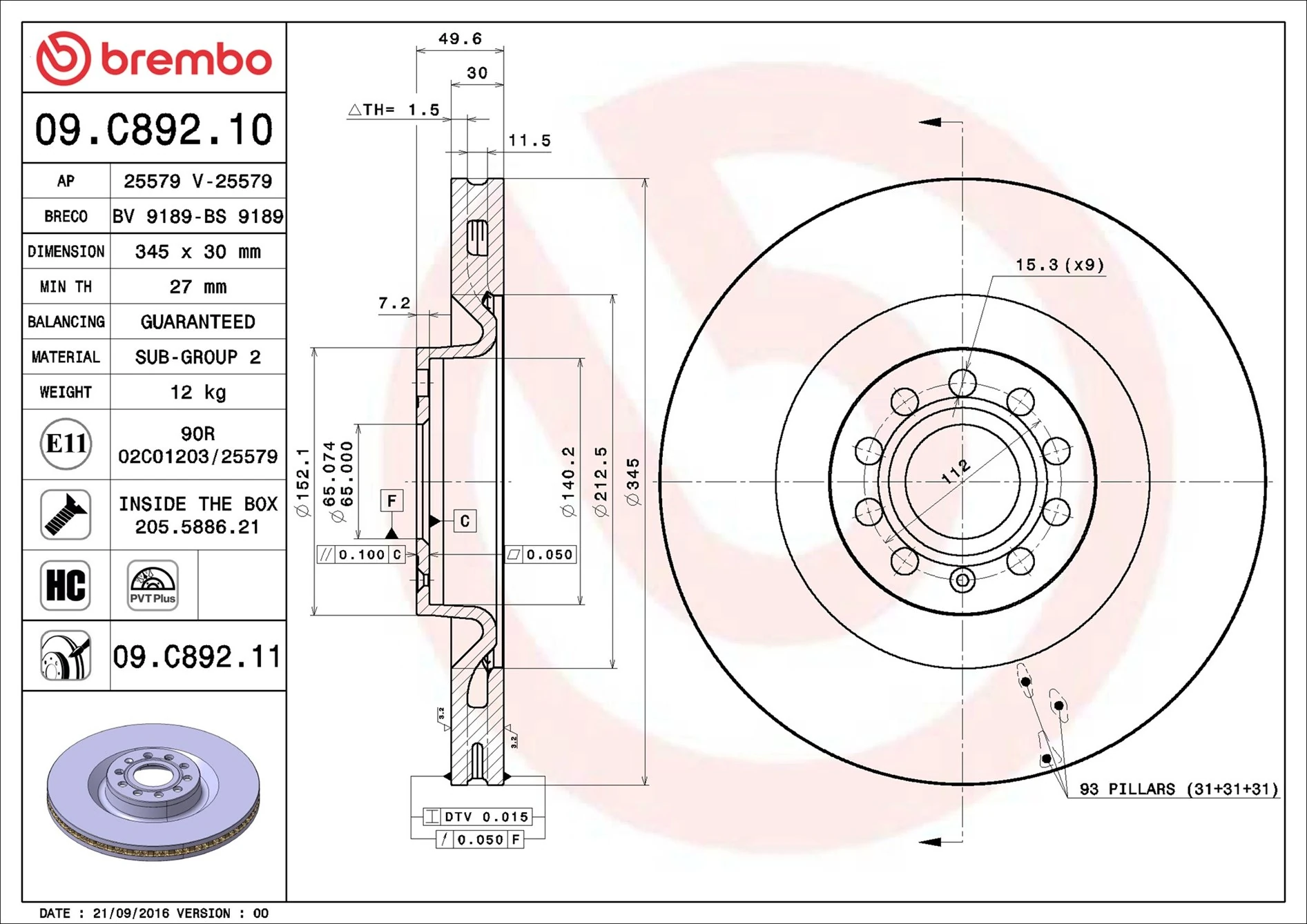 Disque de frein BREMBO 09.C892.11