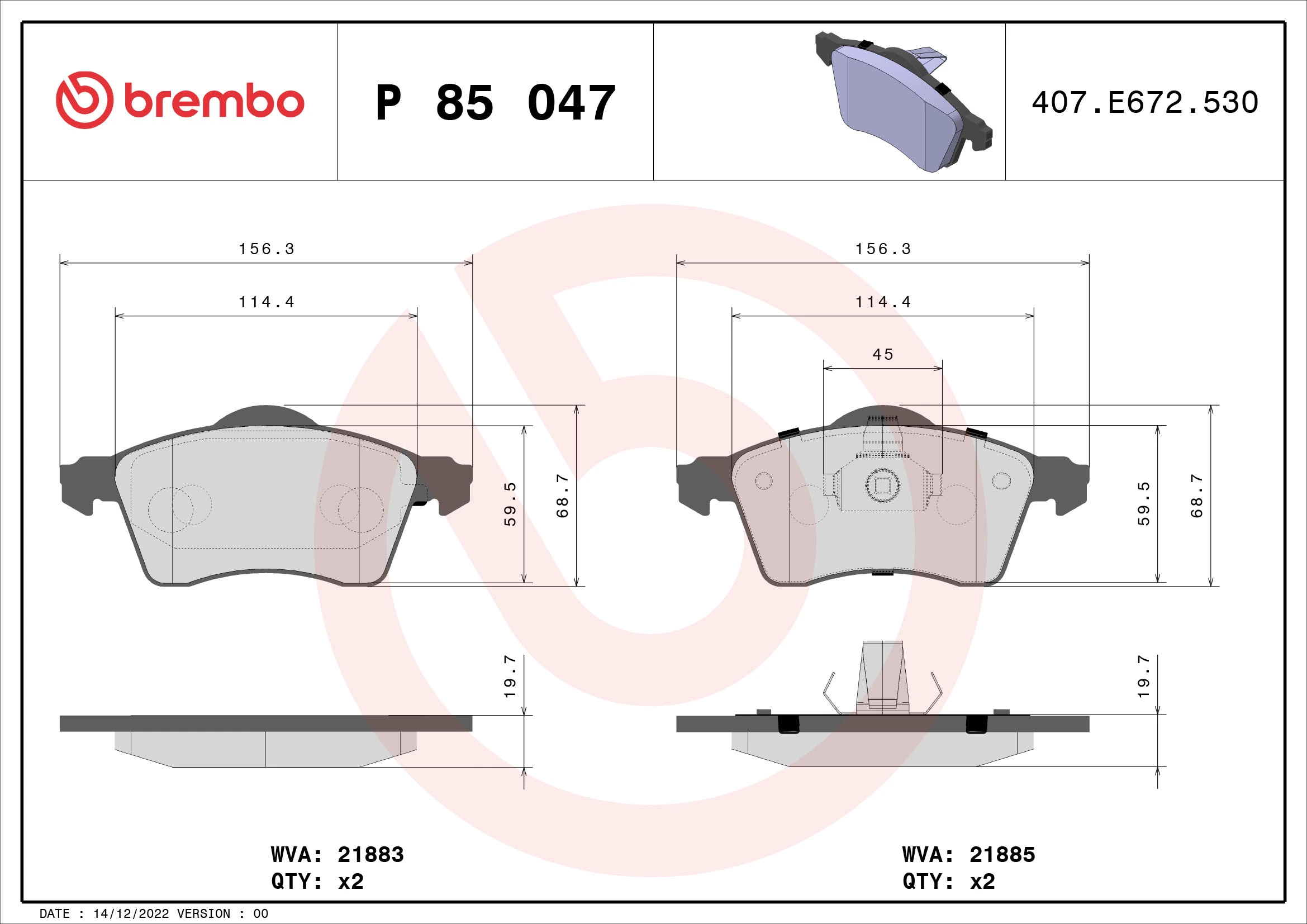 Kit de plaquettes de frein, frein à disque BREMBO P 85 047