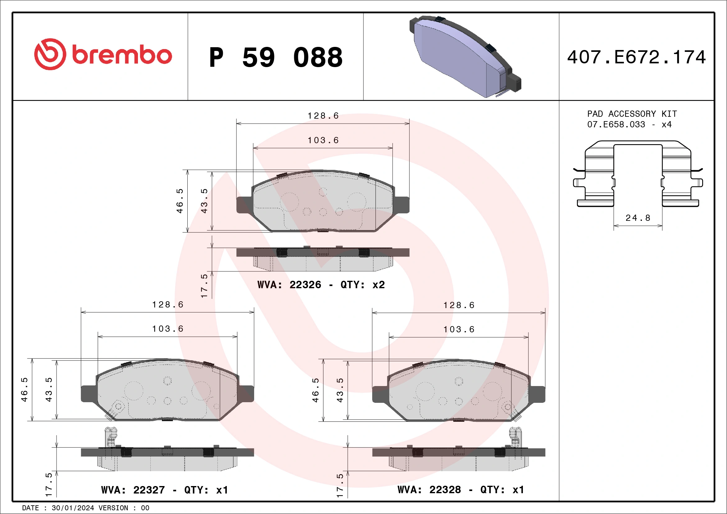 Kit de plaquettes de frein, frein à disque BREMBO P 59 088