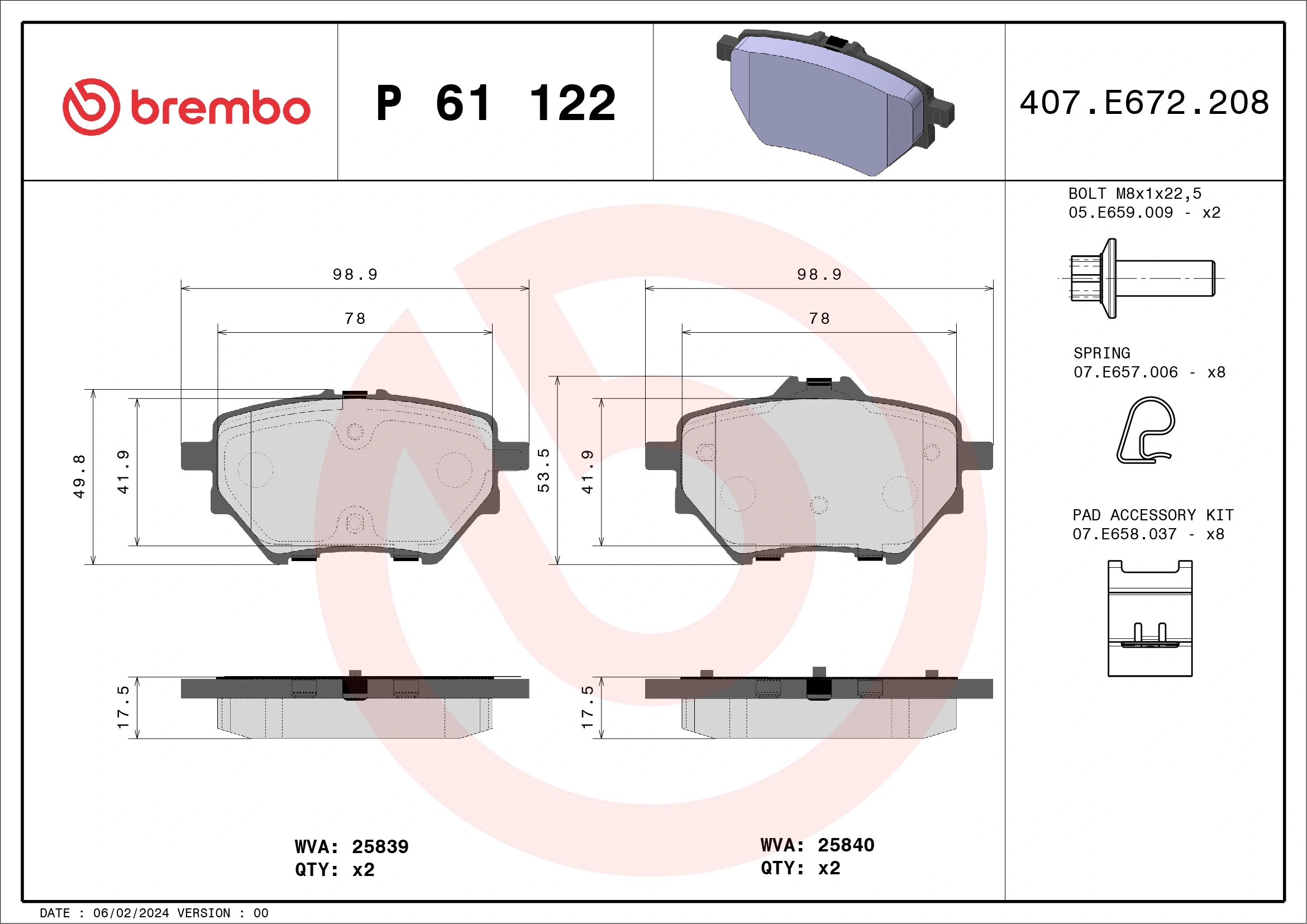 Kit de plaquettes de frein, frein à disque BREMBO P 61 122