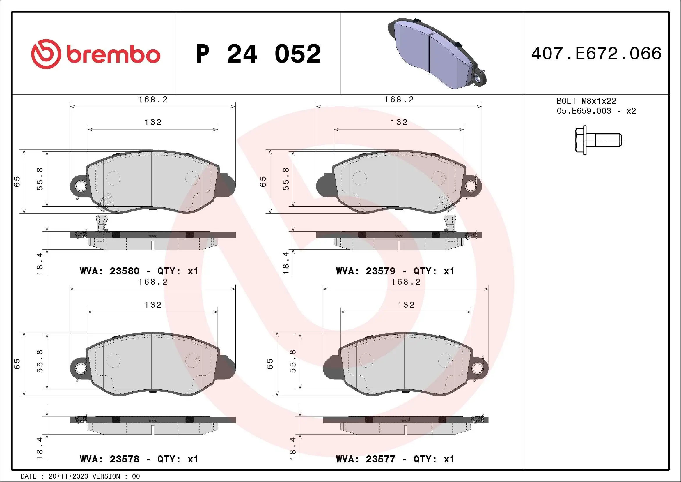Kit de plaquettes de frein, frein à disque BREMBO P 24 052