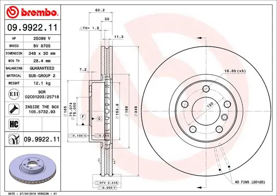 Disque de frein BREMBO 09.9922.11