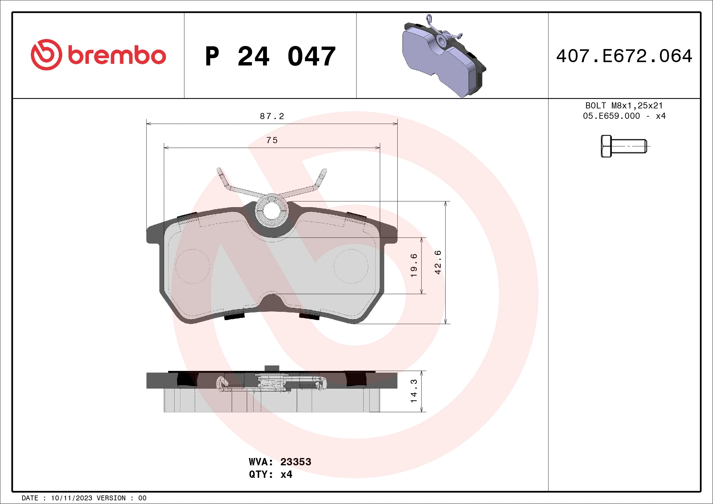 Kit de plaquettes de frein, frein à disque BREMBO P 24 047