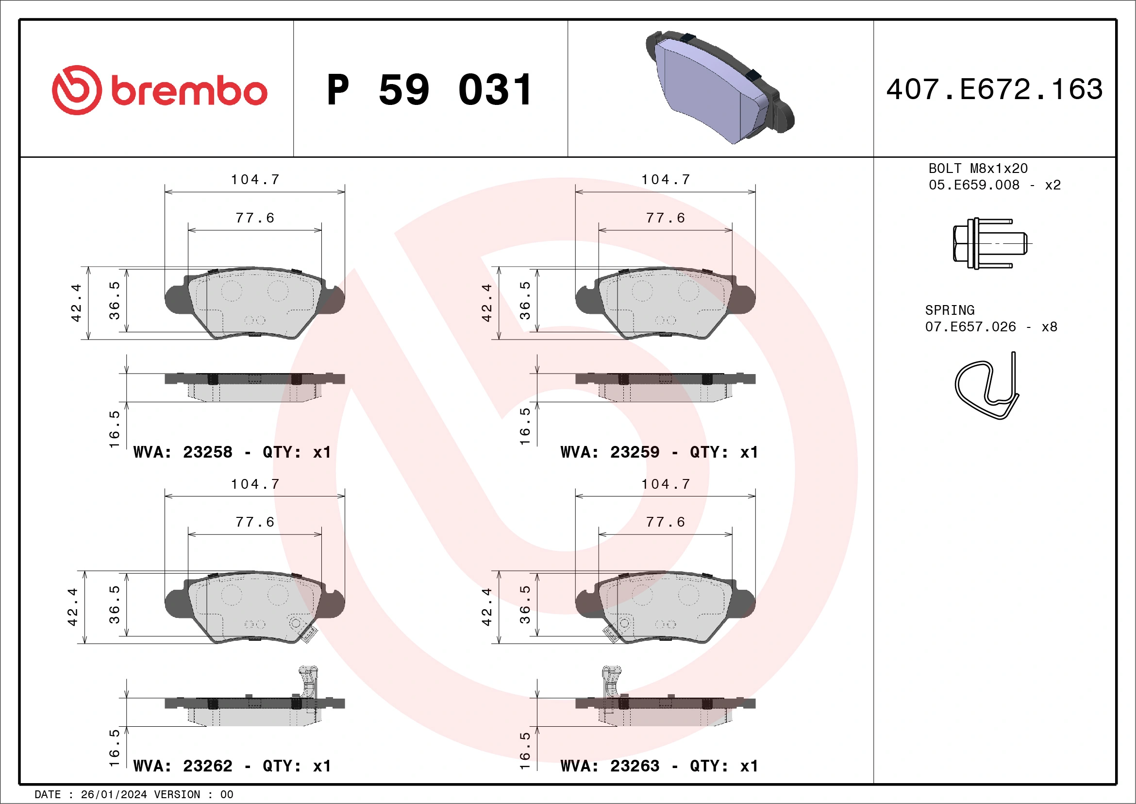 Kit de plaquettes de frein, frein à disque BREMBO P 59 031