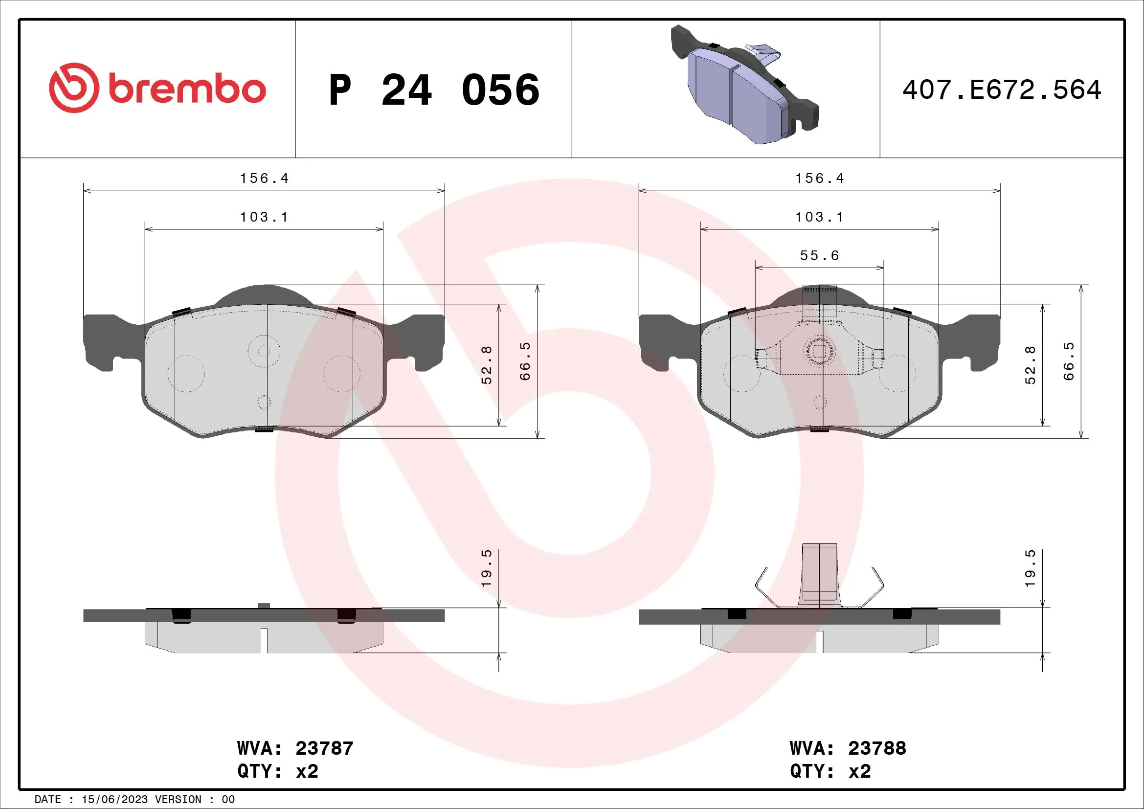 Kit de plaquettes de frein, frein à disque BREMBO P 24 056
