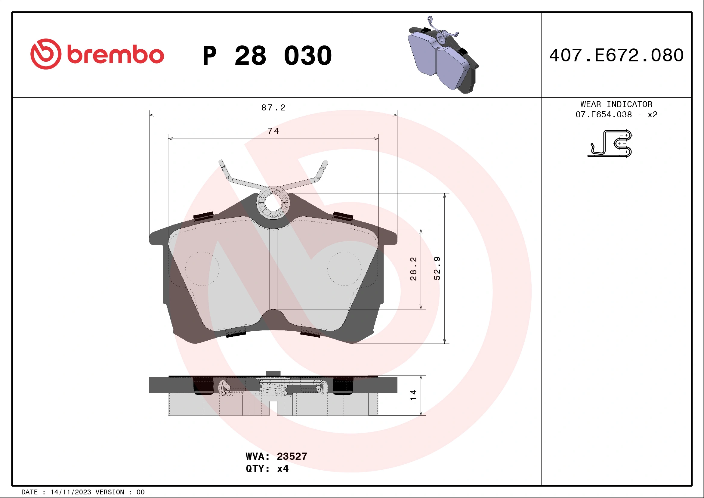 Kit de plaquettes de frein, frein à disque BREMBO P 28 030