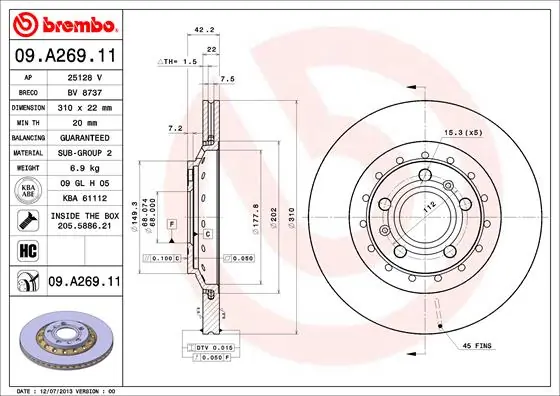 Disque de frein BREMBO 09.A269.11