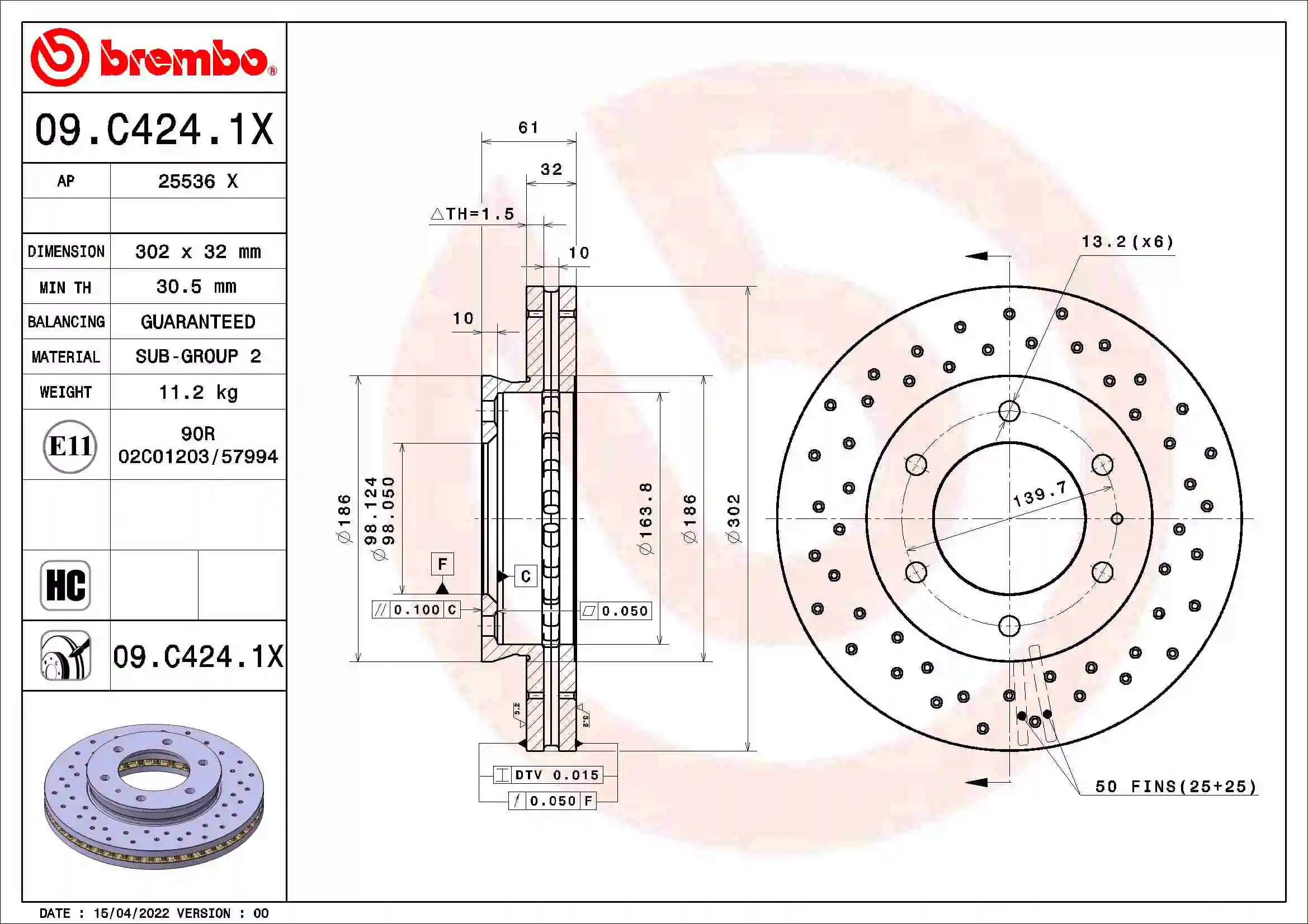 Disque de frein BREMBO 09.C424.1X