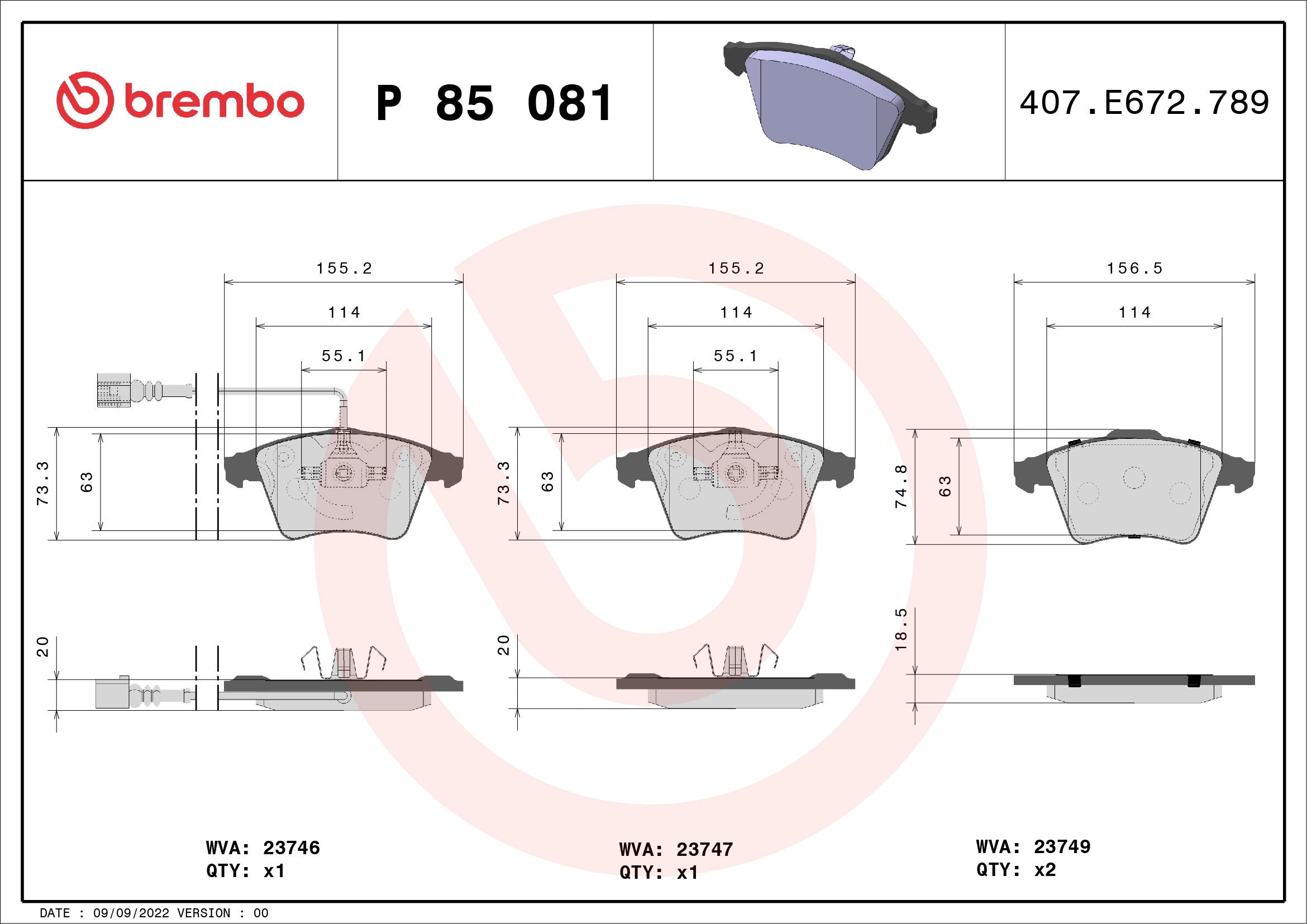 Kit de plaquettes de frein, frein à disque BREMBO P 85 081