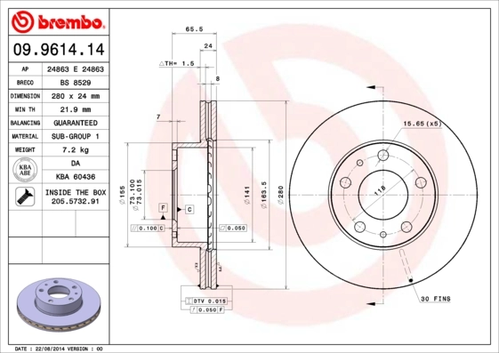 Disque de frein BREMBO 09.9614.14