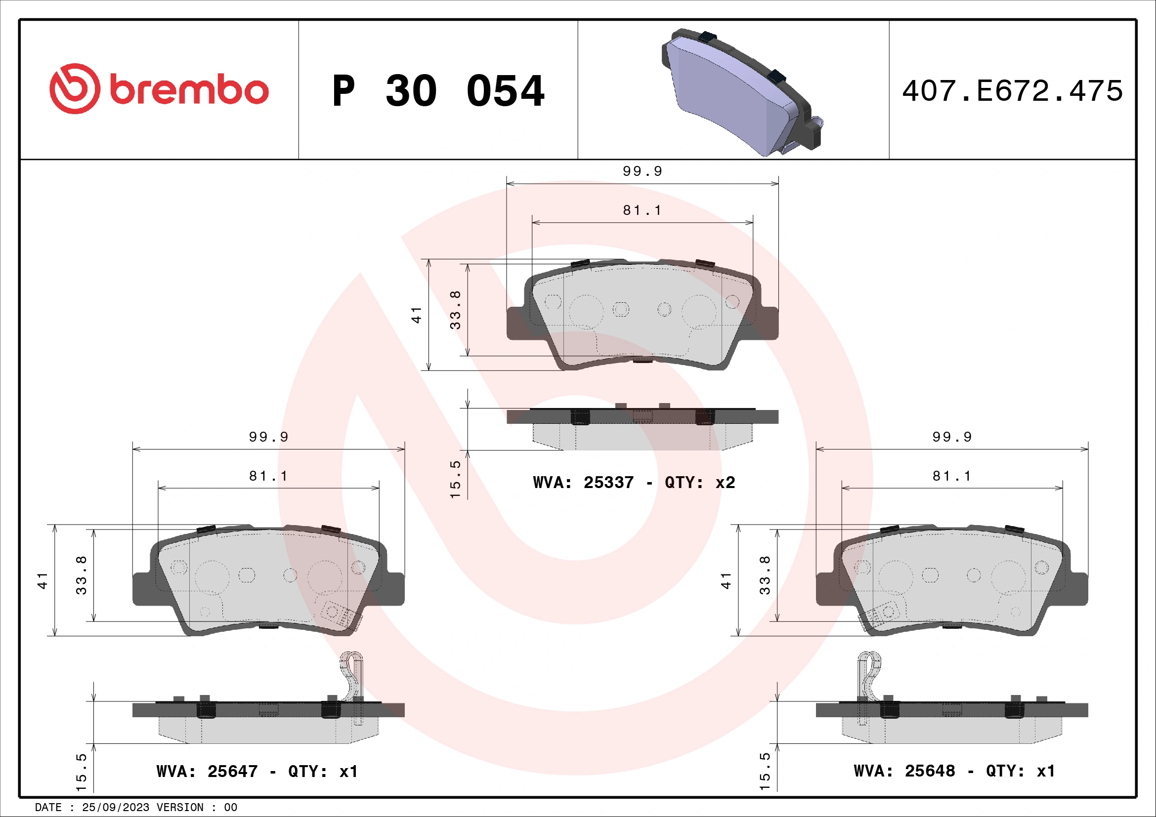 Kit de plaquettes de frein, frein à disque BREMBO P 30 054